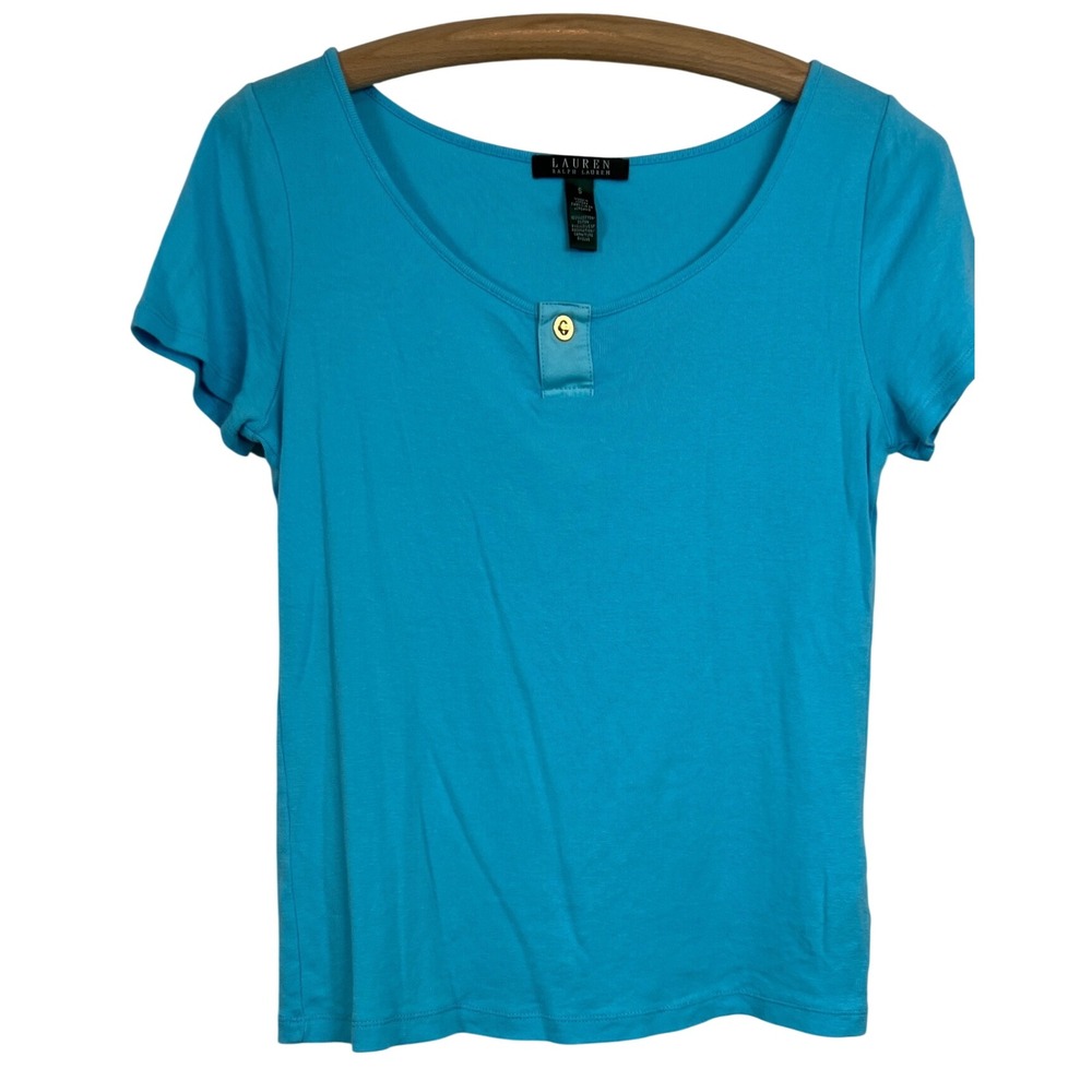 Lauren Ralph Lauren T-Shirt Women S Blue‎ Short Sleeve Gold LRL Turnlock Tee F21